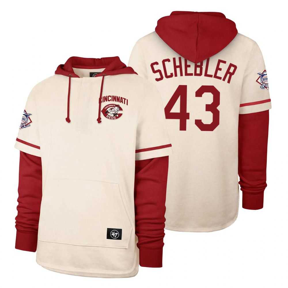 Men Cincinnati Reds 43 Schebler Cream 2021 Pullover Hoodie MLB Jersey